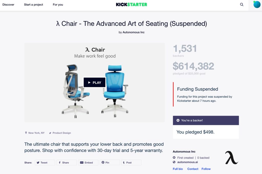 Kickstarter Suspends Autonomous Office Chair Campaign Worth 615K