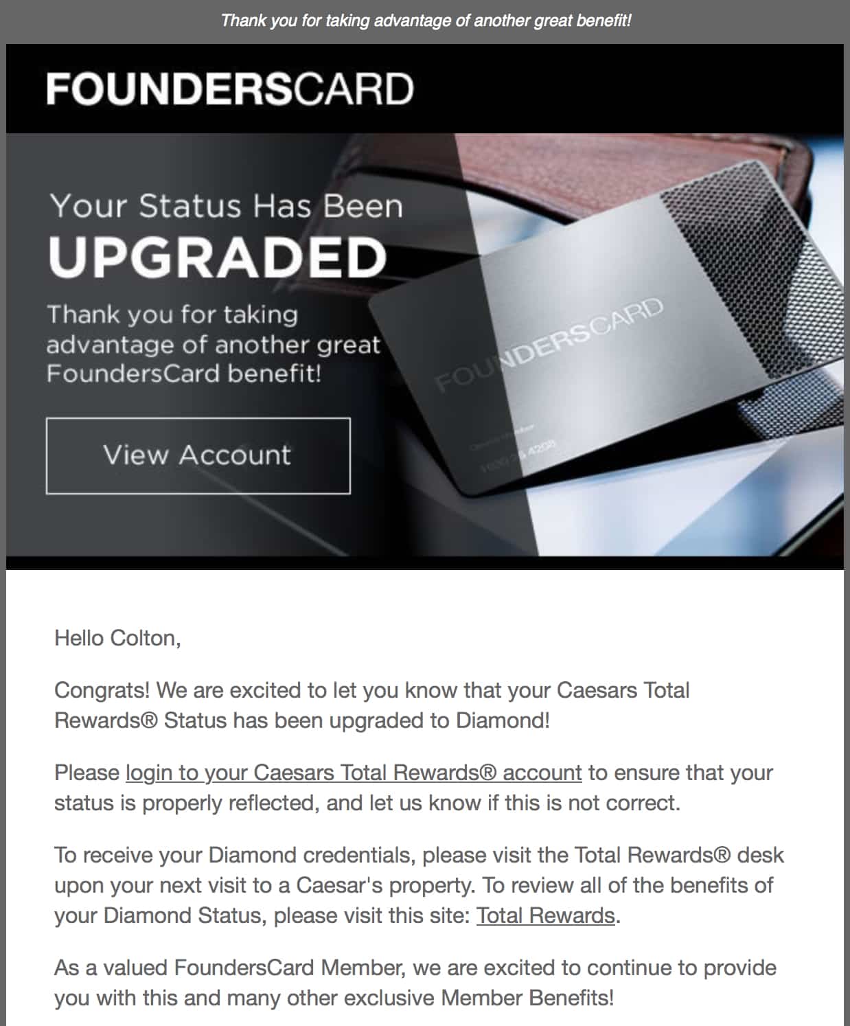 Caesars Total Rewards Diamond Upgrade Confirmation
