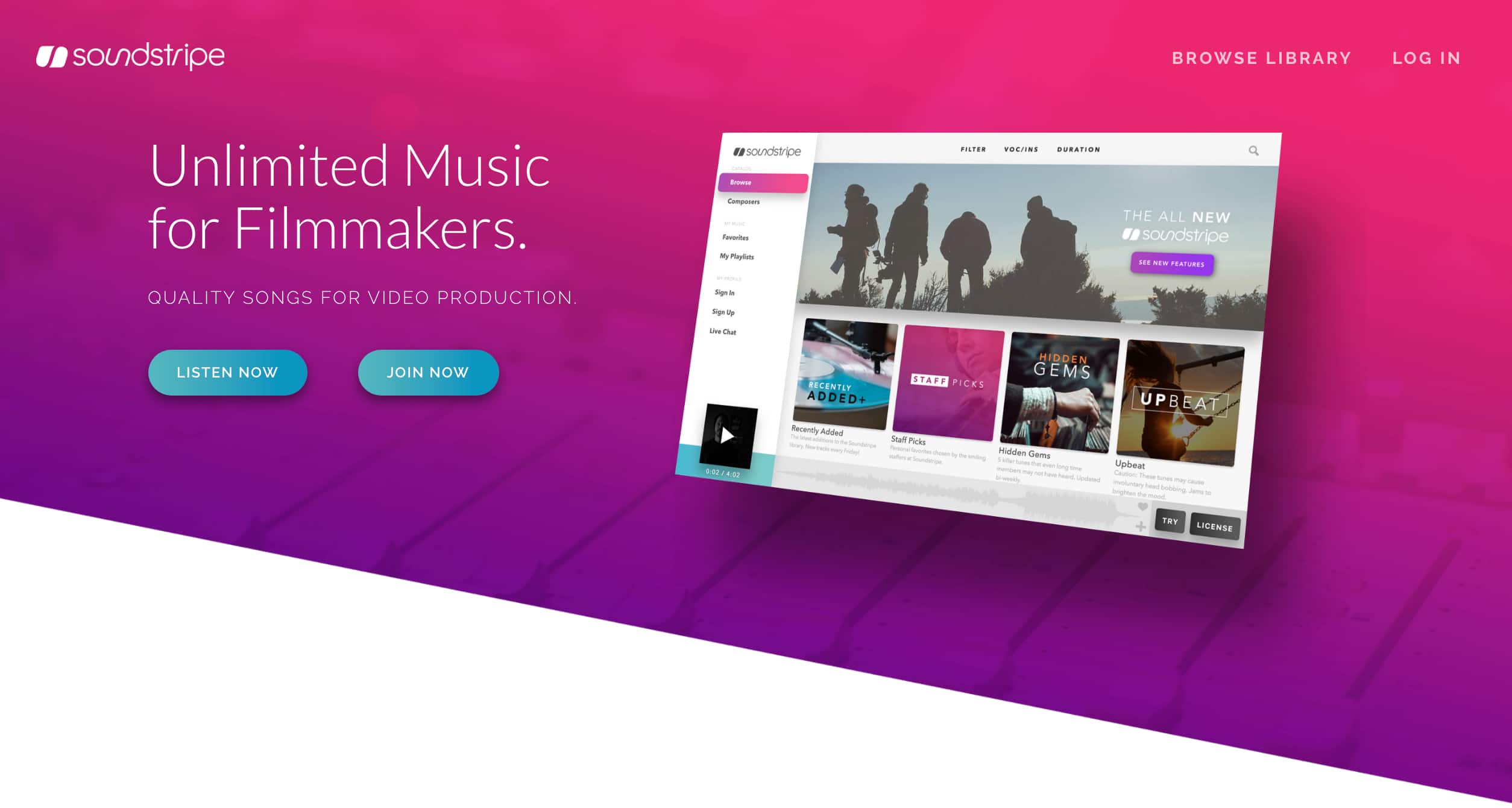 The homepage of Soundstripe's royalty free music service.